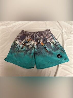 Islandhaze Teal Tropical Parrot Print Swim Shorts Large Like New